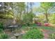 Tranquil backyard featuring a patio set under an umbrella, surrounded by lush landscaping at 1187 Newbridge Ne Trce, Atlanta, GA 30319
