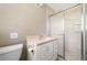Functional bathroom with vanity, toilet, and tiled shower with sliding doors at 1061 Pathfinder Rd, Marietta, GA 30066