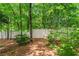This backyard has lush landscaping with trees and a white fence at 1180 Brookhaven Park Ne Pl, Brookhaven, GA 30319