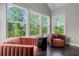 Comfortable sitting area with pink sofas and large windows overlooking the surrounding trees at 3024 Eamont Ter, Atlanta, GA 30328