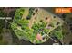 Aerial view showcases 8.2 acres with fruit trees, septic, lake access, and the home at 50 Silver Lake Dr, Mansfield, GA 30055