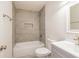 Tiled bathroom with modern fixtures, bathtub, and updated vanity at 2755 Austin Ln, Jonesboro, GA 30236