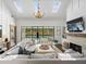 Bright living room with skylights, stone fireplace, and large windows overlooking the pool at 9315 Prestwick Club Dr, Johns Creek, GA 30097