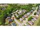 Aerial view of a neighborhood showcasing well-maintained homes, lush greenery, and a serene pond at 4915 Bergen Ct, Cumming, GA 30040