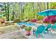 Inviting pool area features lush landscaping, patio seating, a stone table, and colorful lounge chairs at 1315 Pembridge Nw Way, Kennesaw, GA 30152