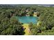 An aerial view showcases the serene lake nestled among the lush greenery of the surrounding wooded area at 8030 Eagle Lake Vw, Cumming, GA 30028