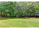 The large backyard features lush green grass, mature trees, and a wooden fence for privacy at 8030 Eagle Lake Vw, Cumming, GA 30028
