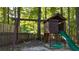 The backyard includes a fun play area with a small wooden playhouse with slide and swings at 6815 Fairgreen Dr, Suwanee, GA 30024