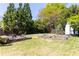 Lush backyard featuring a stone patio, garden beds, mature trees, and a storage shed at 812 E Ponce De Leon Ave, Decatur, GA 30030