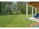 Spacious backyard with a healthy lawn, green foliage, and partially shaded concrete patio at 3533 Settlement Rd, Tucker, GA 30084