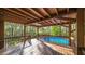 Covered wooden deck overlooking a blue in-ground pool at 5070 Smithfield Rd, Bowdon, GA 30108