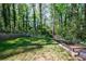 Large and private backyard with mature trees and a small play set at 3046 Valley Cir, Decatur, GA 30033