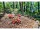 Landscaped backyard featuring retaining wall, stone steps, flowers and a wooded view at 3046 Valley Cir, Decatur, GA 30033