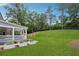 Expansive backyard with lush lawn, mature trees, privacy fence, and a covered porch for outdoor enjoyment at 110 White Oak Trl, Cumming, GA 30028