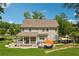 Aerial view of the backyard with a covered patio, an outdoor dining area, and a manicured lawn at 110 White Oak Trl, Cumming, GA 30028