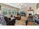 Spacious living room boasts hardwood floors, a fireplace, large windows, and comfortable leather couches at 358 Nature Brook Se Walk, Smyrna, GA 30082