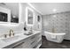 Bright bathroom with double vanity, soaking tub, modern fixtures, and designer tile at 3661 W Potomac Dr, East Point, GA 30344
