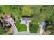 An aerial view displays a beautiful property with lush greenery, neighboring houses, and a well-kept lawn at 3362 Timber Rdg, Powder Springs, GA 30127