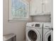 Bright laundry room with white cabinets, modern washer and dryer, and a window for natural light at 3362 Timber Rdg, Powder Springs, GA 30127