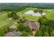 Beautiful aerial of the golf course, clubhouse, and lush landscaping in a serene setting at 3105 Neal Ct, Cumming, GA 30041
