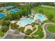 Aerial view showcasing community pool with slide, tennis courts, and lush landscaping at 3105 Neal Ct, Cumming, GA 30041
