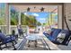 Relaxing back porch featuring rocking chairs, a swing, and stunning views of the lake at 6360 Spinnaker Ln, Alpharetta, GA 30005