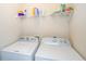 Functional laundry room featuring a washer, dryer, and storage shelf at 1323 Faircrest Way, Suwanee, GA 30024