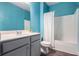 Full bathroom features a single sink vanity, a toilet, and a bathtub with shower at 515 Vandenburg Dr, Villa Rica, GA 30180
