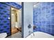Bright blue bathroom featuring modern tiled walls, bathtub, and stylish decor at 1015 S Candler St, Decatur, GA 30030