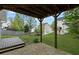 Patio with stone pavers and covered wood ceiling, leading to a green lawn and fenced backyard at 131 Magazine St, Dallas, GA 30157