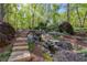 Backyard waterfall feature nestled among the trees and foliage, with stone steps leading to the upper levels at 1000 Holly St, Canton, GA 30114