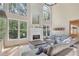 Bright and airy living room with high ceilings, fireplace, and scenic backyard views at 2740 Stonehill Way, Cumming, GA 30041