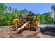Community playground set including slides, play structures, and a partial view of the pool beyond at 210 Mels Way, Stockbridge, GA 30281
