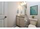 This cozy half bathroom features a granite countertop, painted cabinets, and modern fixtures at 108 Wheelers Dr, Dallas, GA 30157