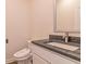 Modern half bathroom featuring gray granite countertop and white sink at 1613 Fuma Leaf Way, Mcdonough, GA 30253