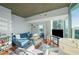 Comfortable living room with a blue couch, hardwood floors, and access to a balcony with expansive city views at 3324 Peachtree Ne Rd # 1518, Atlanta, GA 30326