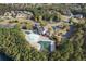 Expansive aerial view of a neighborhood clubhouse, pool, and surrounding residential area surrounded by mature trees at 307 Jessica Way, Canton, GA 30114