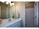 Clean bathroom featuring a vanity with sink, decorative mirror, and an adjacent shower at 1052 Secret Ne Trl, Sugar Hill, GA 30518