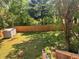 Backyard featuring a shed, wooden fence, mature trees, and grass at 1425 Parkmont Dr, Roswell, GA 30076