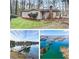Collage of property views including backyard, lakeside with dock, and an aerial view of the lake with islands at 6337 Ansel Ct, Buford, GA 30518