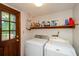 Functional laundry room with a washer, dryer, and ample storage space and access to the deck at 4503 Rivercliff Sw Dr, Lilburn, GA 30047