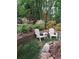 Backyard with a small sitting area surrounded by flowering trees and plants at 5539 Hurstcliffe Nw Dr, Kennesaw, GA 30152