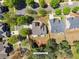 Aerial view of the home with approximate lot lines, patio, and mature trees at 602 Redbud Ter, Canton, GA 30115