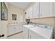 Well-lit laundry room with white cabinets, a utility sink, modern washer and dryer, and framed artwork for added style at 2358 New Salem Trce, Marietta, GA 30064