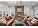Cozy living room with a stone fireplace, comfortable leather sofas, and neutral rug at 331 Spotted Ridge Cir, Woodstock, GA 30188