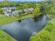 Scenic aerial view of a serene pond surrounded by lush greenery and residential homes at 331 Spotted Ridge Cir, Woodstock, GA 30188