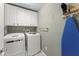 Laundry room with modern washer and dryer, gray walls and white cabinets for storage at 12150 Dancliff Trce, Alpharetta, GA 30009