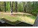 Lush green backyard view from the wood deck with railings, featuring mature trees and lawn at 1521 Larkwood Dr, Canton, GA 30114