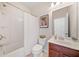 Bathroom featuring a shower and tub combo, vanity, a toilet, and neutral color scheme at 626 Oakbourne Way, Woodstock, GA 30188