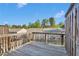 Wide-angle view of a wooden back deck area featuring a railing and lattice, with treetop views at 7545 Roseberry Way, Lithonia, GA 30038